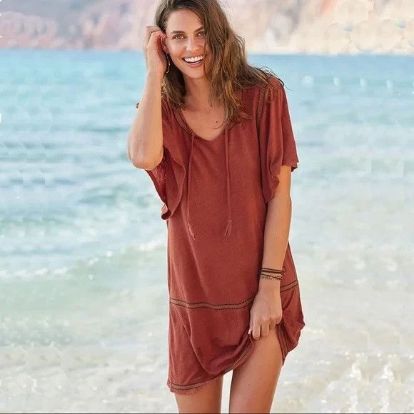 GARNET HILL Orange Organic Linen Jersey Embroider Knit Cover Up Dress SIZE SMALL - Picture 1 of 12